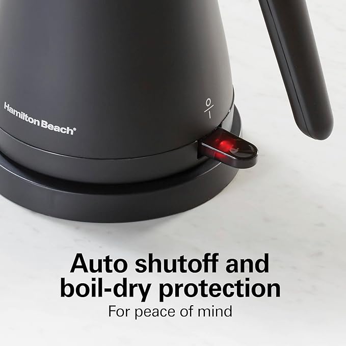 Hamilton Beach Compact 20 oz. / 0.6 Liter Gooseneck Electric Kettle for Boiling Water, Pour Over Coffee, Tea, 1200 Watts, Stainless Steel BPA-Free Interior, Black (41046)