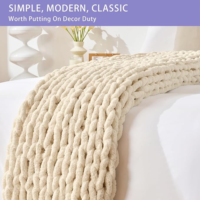 Bigacogo Chunky Knit Throw Blanket for Couch, 40x60 inches, Beige | Hand Knit with Jumbo Chenille, Soft Breathable Cable Knit for Sofa Bed Living Room, Machine Washable, Gift for Mom Friend