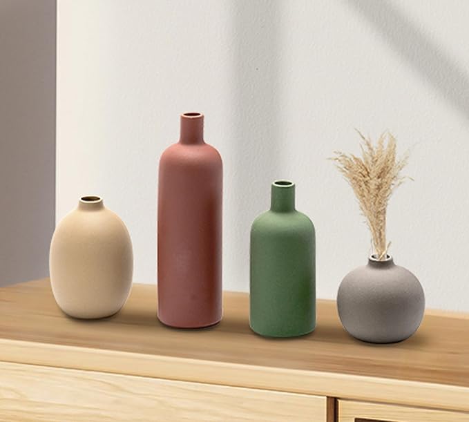Ceramic Vase Set of 4, Modern Neutral Decorative Flower Vases | Boho Farmhouse Home Decor for Table Centerpieces, Shelf Styling, Dried & Fresh Flower Arrangements