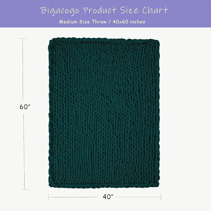 Bigacogo Chunky Knit Throw Blanket for Couch, 40x60 inches, Dark Green | Hand Knit with Jumbo Chenille, Soft Breathable Cable Knit for Sofa Bed Living Room, Machine Washable, Gift for Mom Friend