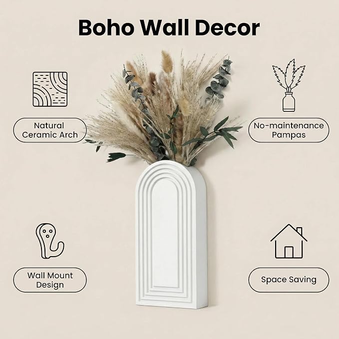 Set of 2 Wooden Wall Vases with Dried Pampas Grass & Eucalyptus, Boho Farmhouse Decor for Living Room, Entryway, Bathroom, Rustic Home Art(White)