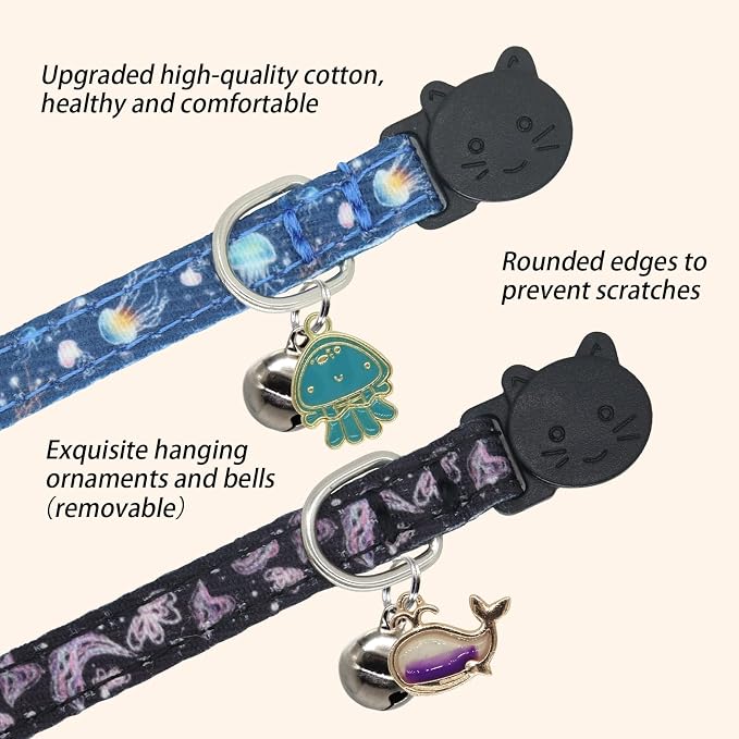Cat Collar Breakaway, 2 Pack Cotton Kitten Collars with Bells and Removable Charms, Cute Ocean Shaped for Indoor Boy, Girl and Adult Cats