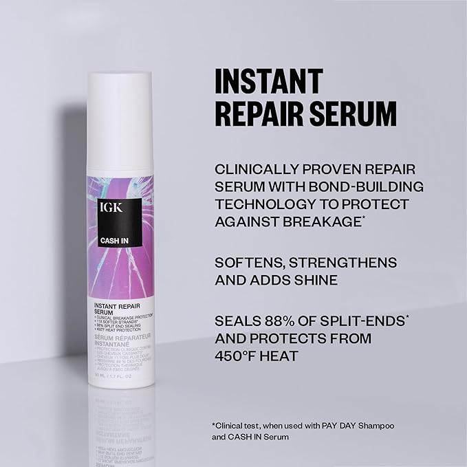 IGK CASH IN Instant Repair Serum | Breakage Protection + Seal Split Ends + Heat Protection | Vegan + Cruelty Free| 1.7 Oz