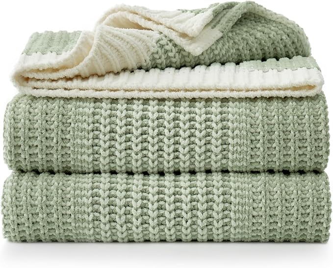 Premium Chenille Throw Blanket, Soft Cozy Luxury Two-Tone Knit Blanket for Couch, Sofa, Chair, Home Decor, Sage Green & Ivory 50"x60"