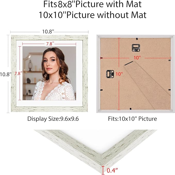 10x10 Picture Frame Set of 9, Display Pictures 8x8 with Mat or 10x10 without Mat, Multi Collage Gallery Square Photo Frames for Wall or Tabletop, Distressed White