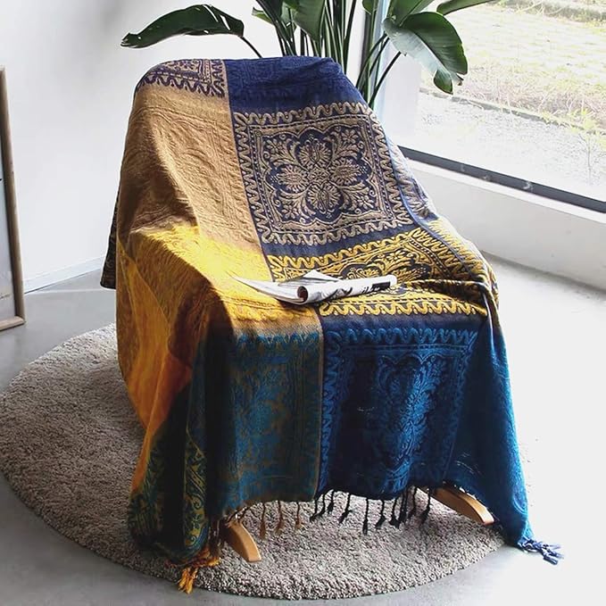 Bohemian Throw Blanket for Couch，Colorful Chenille Tassels Boho Woven Hippie Throw Blankets for Couch Bed Sofa Chair Recliner Loveseat, Bohemian Fringe Tassels Decor Home(Blue, S:60x75)