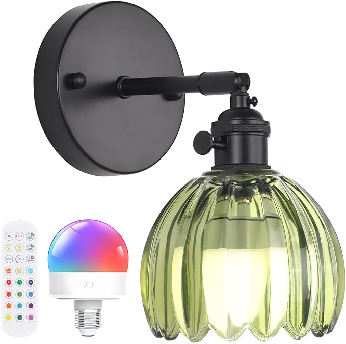 Shenmoyl Vintage Battery Operated Wall Sconce with Green Tulip Glass Lampshade Rechargeable Battery Powered Black Wall Light with Remote Control for Bedside Bedroom Doorway