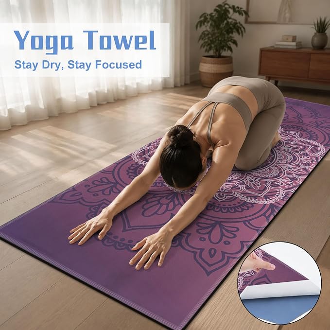 Yoga Mat Towel, Hot Yoga Non Slip with 4 Corner Pockets, 74 x 26 in | Soft Absorbent Microfiber With Four Corner Pockets, Fits Over Yoga Mats For Hot Yoga, Pilates, Gym, And Travel