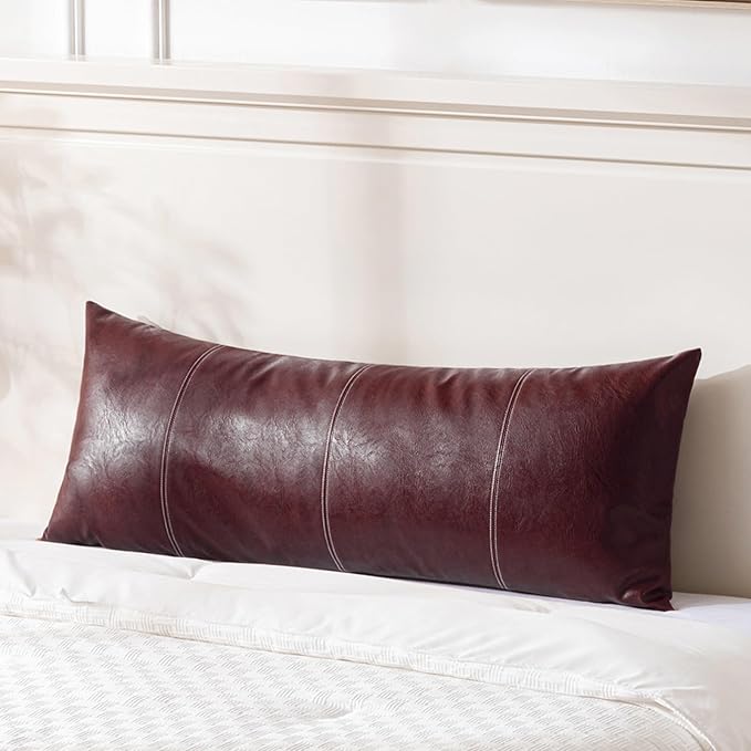 Fancy Homi Burgundy Boho Long Lumbar Faux Leather Decorative Throw Pillow Covers 14x36 Inch for Living Room Couch Bed Sofa, Hand Stitched Rectangle Cushion Case, Rustic Modern Farmhouse Home Decor