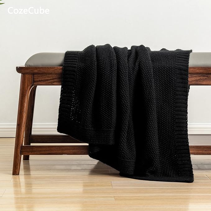 CozeCube Jet Black Seed Stitch Throw Blanket 60"x80", Farmhouse Decor | Blanket for Couch, Soft Cozy Cable Knit Throw for Bed Sofa Living Room, Lightweight Warm Decorative Christmas Blanket