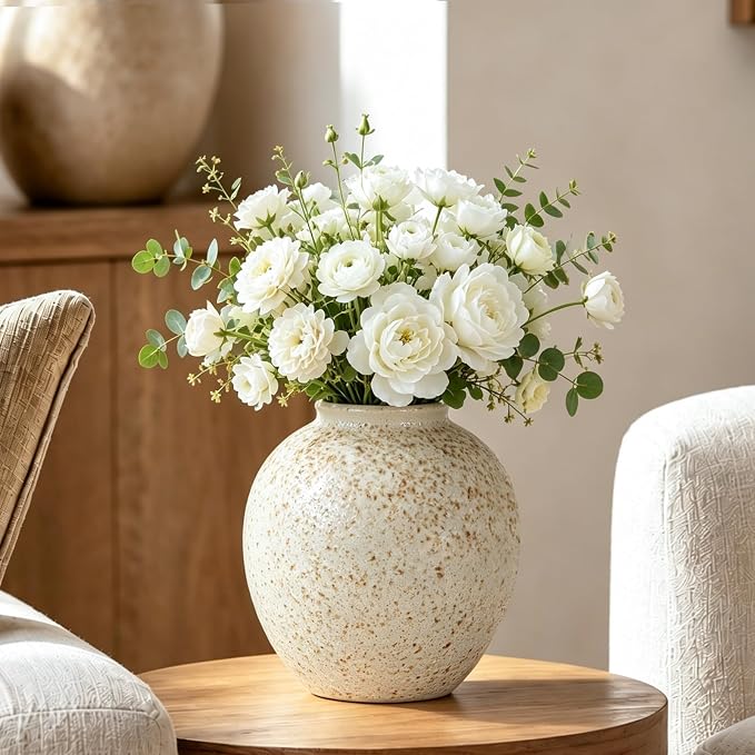 Cream Ceramic Flower Vase Speckled Bubble Glaze Home Decor | 6.29 Inch Rustic Table Vase,Decorative Ornament for Living Room,Office,Wedding,Birthday