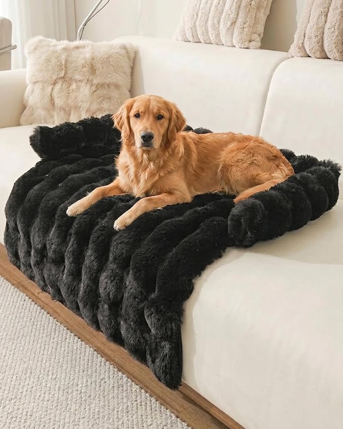 IUUI Dog Bed/Mat for Couch,Faux Rabbit Fur Pet Sofa Furniture Protector | Non-Slip&Manchine Washable,Protects Sofa from Fur & Scratches,Bubble Puff Fluffy Texture,Cozy for All Size Dogs&Cats