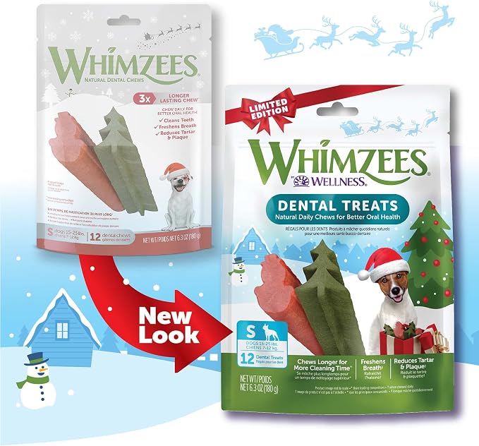 Wellness WHIMZEES Holiday Natural Dog Dental Treat, Christmas Winter Seasonal Gift, Chews, Freshens Breath, Small Size, 6.3 oz Bag, 12 Count