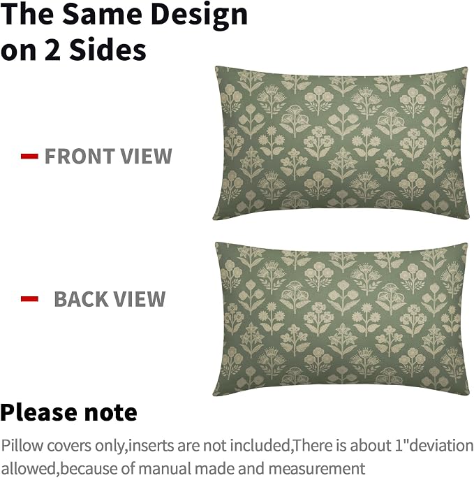 Sage Green Pillow Covers 12x20 Inch Set of 2, Cream Floral Block Print Pattern Lumbar Decorative Throw Pillowcases Outdoor Farmhouse Rectangle Cushion Covers Spring Summer Sofa Couch Bed Decor