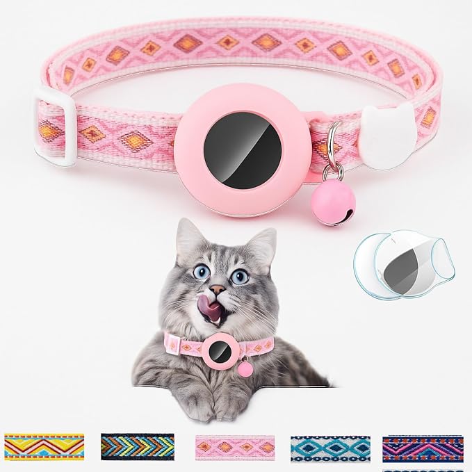 Cat Collar with AirTag Holder – Breakaway Lightweight Woven Cat Collar, Adjustable with Bell for Cats & Kittens (Dream Garden Set) | Amazegoods