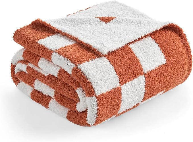 Snuggle Sac Checkered Throw Blanket for Couch, Super Soft, Cozy Warm Knit Blankets, Reversible Plaid Fluffy Throws for Sofa, Bed, Checkered Burnt Orange, 50x60 Inches