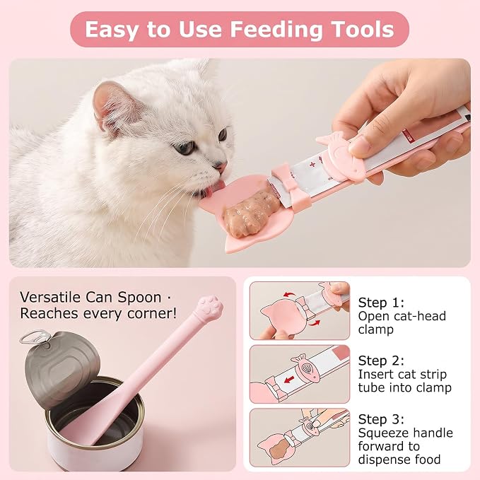 3 Piece Cat Slow Feeder Bowl Set, Silicone Lick Mat,Treat Dispenser with Long Handle Spoon, Non Slip Spill Proof for Indoor & Travel (Pink)