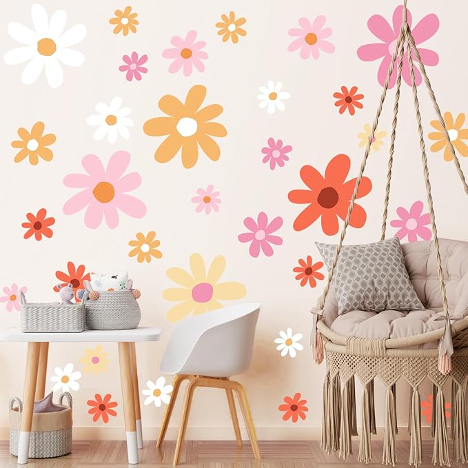 TaoBary 12 Sheet Daisy Wall Sticker Decal,Orange,Lovely Style | Big Flower Wall Sticker, Pink White Floral Decal, Daisy Bedroom Room Decor, Removable Peel and Stick, Nursery Home Wall Decor