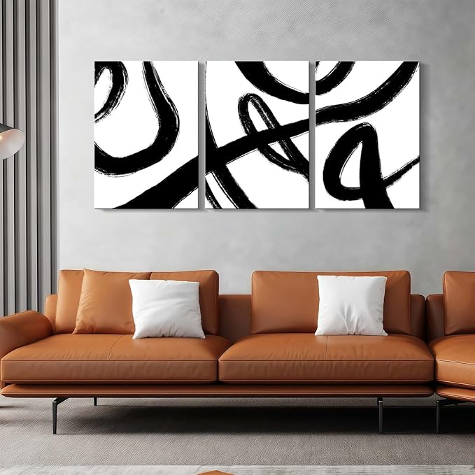 3Pcs Framed Abstract Black and White Canvas Wall Art Minimalist Brushstroke Line Prints Modern Home Gallery Style Picture Painting Posters Bedroom Living Room Office 16x24 Inch Ready to Hang