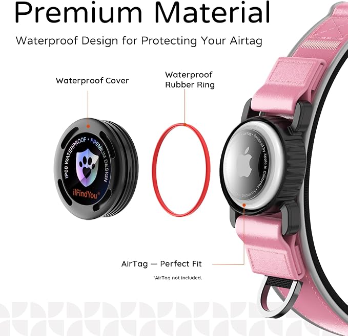 Leather AirTag Dog Collar, Magnetic Buckle, Reflective, Pink S