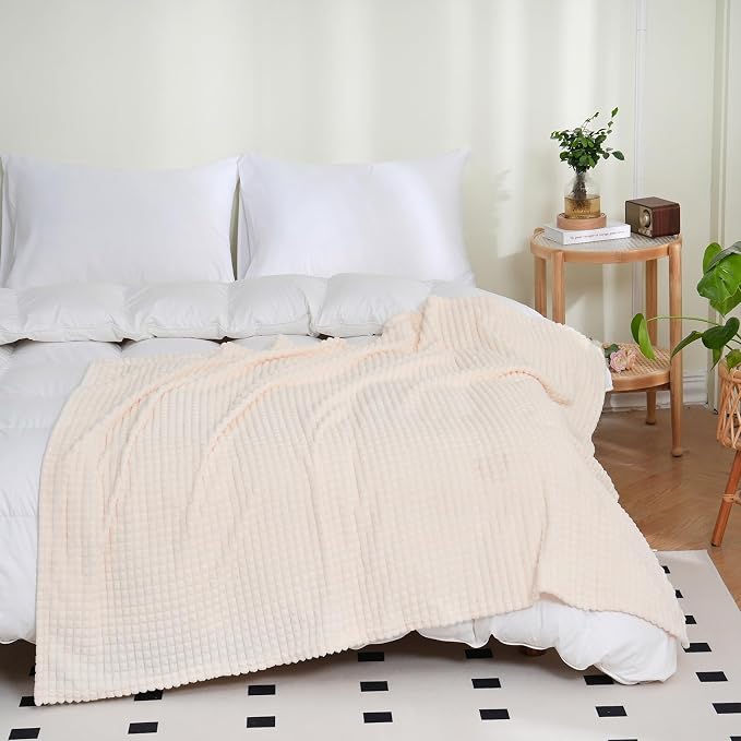 Puncuntex Fleece Blanket Cream White 90"×90" with Square Grid Design | Super Soft Plush Cozy Flannel Throw Blanket Luxury for Couch Sofa Chair