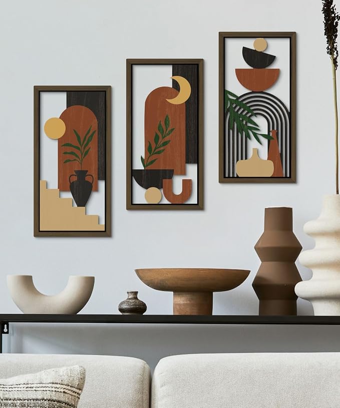 Putuo Decor Boho Wall Art Set of 3 Modern Minimalist Wooden Wall Decor Abstract Terracotta Room Decorations Mid Century Artwork for Living Room Bedroom Office in Terracotta Noir 16.5 x 8.6 Inch
