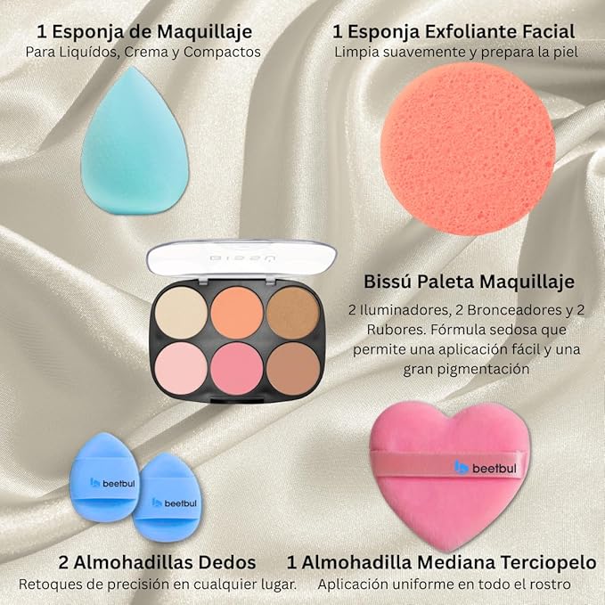 Makeup Kit Bissú 6‑Color Palette + Velvet Puff + 2 Finger Puffs + Makeup Sponge + Exfoliating Sponge (4 Styles) (02 La de Cajón)