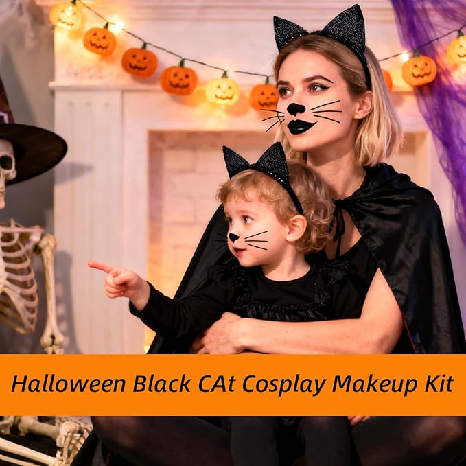 Halloween Black Cat Makeup Kit, Ears Headband, Lipstick, and Eyeliner, Costume Accessories for Black Cat Cosplay Party SFX Makeup