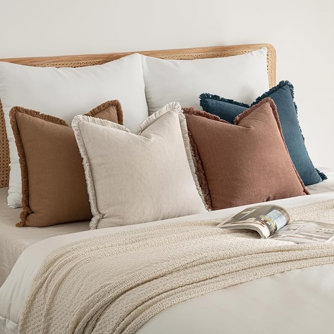MIULEE Fall Linen Fringe Pillow Covers Set of 4 24x24 Beige/Brown/Blue | Boho Farmhouse Decorative Throw Pillow Covers, Neutral Soft Rustic Cushion Cases, for Couch Sofa Bed Living Room Home Decor