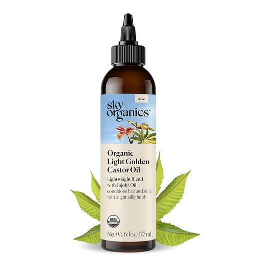 Sky Organics - Organic Light Golden Castor Oil (6 fl oz/177 mL) Conditions Hair, Skin, Brows, Scalp - Castor Oil Organic - Jojoba, Safflower Seed, Sweet Almond - Vegan, Cruelty Free, Beauty, Hair Care