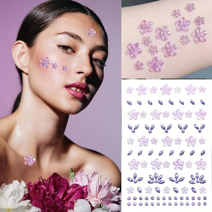 Purple Flower Face Tattoo Sticker - 172+pcs Summer Face Jewelry for Girls- Self-Adhesive Rhinestones for Eyes, Face, Nail Body – Festival Halloween Christmas Cosplay Makeup Decoration (purple)