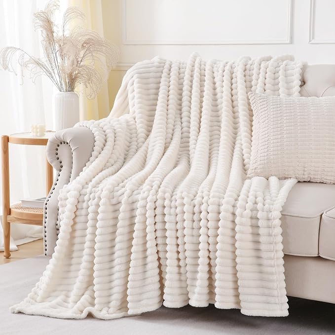 Cream White Throw Blanket for Couch Sofa 50x70 inches Striped Design | Fleece Blankets Room Home Decor Lightweight Plush Soft Cozy Gifts for Women Mom