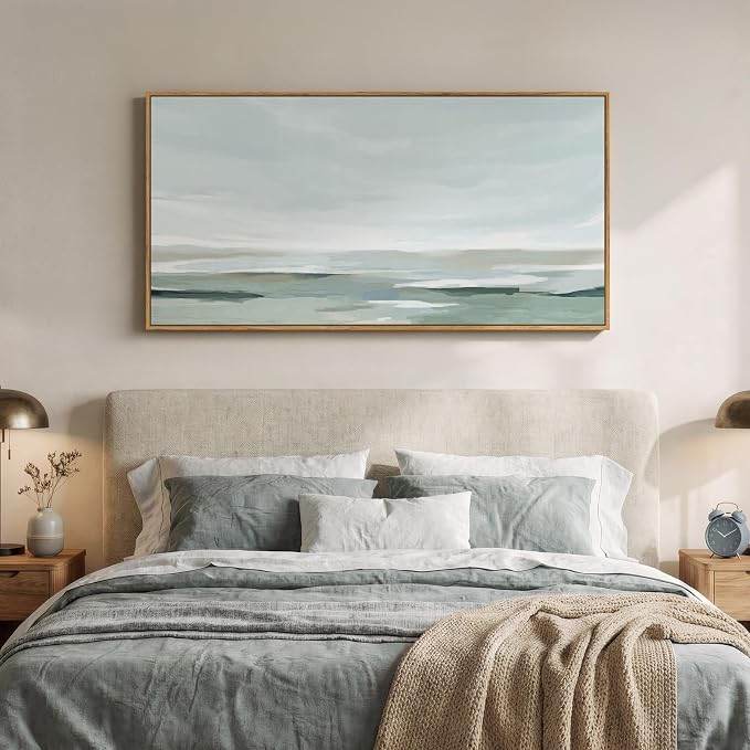 Large Framed Wall Art for Living Room, Horizontal Sage Green Abstract Landscape Pictures Canvas Prints Paintings Artwork for Walls, Modern Minimalist Wall Decor for Bedroom Dining Room Office 30x60 In