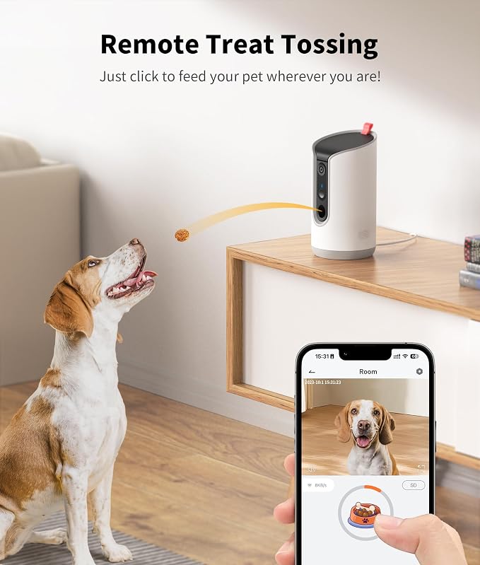 TKENPRO 2K Pet Camera Treat Dispenser, 360°View Dog Camera with Phone App, 5G&2.4G WiFi 2-Way Talk Pet Cam Indoor for Cats Remote Treat Tossing, Motion Alerts, Auto Tracking