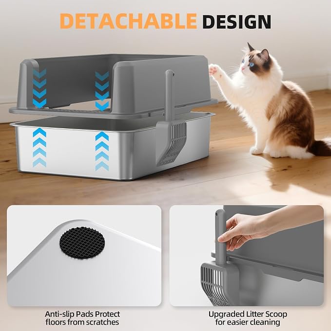 Stainless Steel Cat Litter Box, XXL High Sided Open Top Litter Pan, 1 Scoop | XXL, Spacious Interior, High Sides, Anti-Urine Leakage, Non-Stick Odor Resistant, Easy Clean, Reduce Litter Tracking