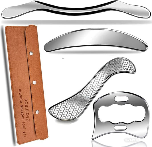 Professional Stainless Steel Muscle Scraper Tool Set, 4-in-1 Physical Therapy IASTM Tools, Manual Massage Bars for Myofascial Release and Tissue Therapy