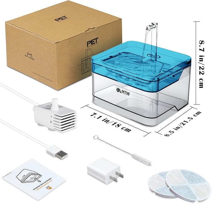 PETNF Blue Pet Water Fountain, 101oz/3L Automatic Cat and Dog Water Dispenser with LED Light, Ultra Quiet Pump, 3 Flow Settings & 2 Filters
