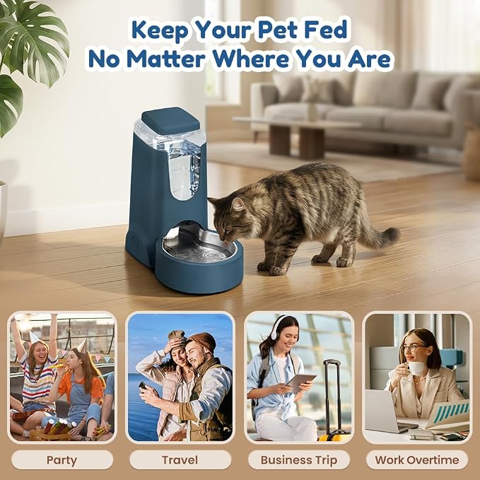 1 Gallon Automatic Cat Feeder Gravity Stainless Steel Water Dispenser Dog Feeder for Small Medium Puppy Kitten Pets Water Feeding Bowls, Dark Navy