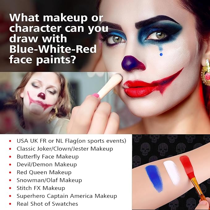 Water-Based Red White Blue Patriotic Face Body Paint Kit with Brushes for 4th of July Independence Day, Halloween Cosplay and Sports Events