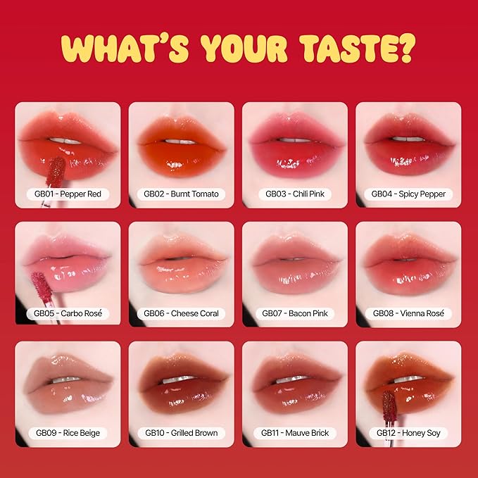 BLACK ROUGE Glow Bokki Tint, GB01 Pepper Red – Korean Lip Tint Inspired by Tteokbokki, Non-Sticky Long-Lasting Lip Stain with Glossy Finish, Cute Stickers – Original Red, Rose, Soy