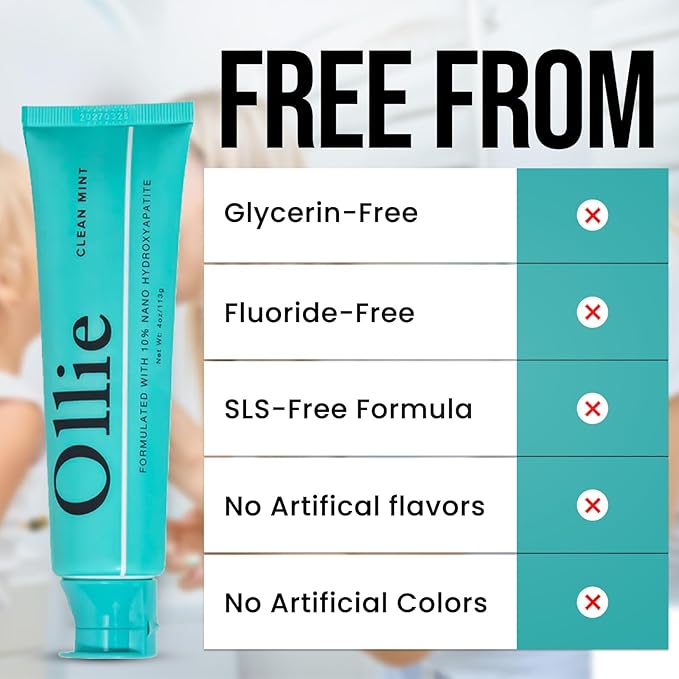 Ollie Fluoride Free 10% Nano Hydroxyapatite Toothpaste for Remineralizing Enamel, Sensitive Teeth & Whitening, Clean Mint 4oz (Pack of 1)