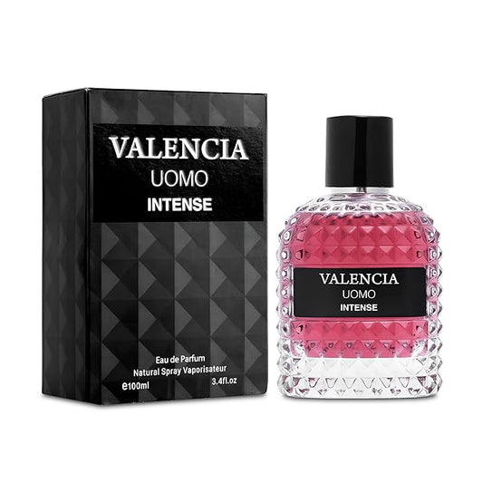 A CENTER Valencia UOMO Intense for Men Eau De Parfum - Amber Fougere Fragrance Top Notes of Vanilla Bourbon Mid Tone of Lavandin Create Spicy & Woody Aroma - Base Scent of Smoked Vetiver