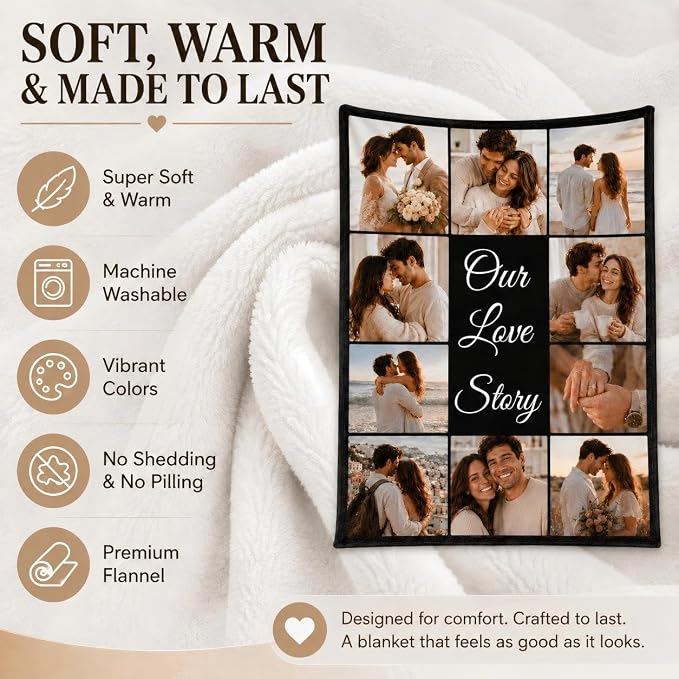 iDIY Custom Blanket with Pictures and Text, Made in USA, Ships Next Day, 10 Photo Collage Personalized Throw, Custom Photo Blanket Gifts for Couples & Family, Anniversary Birthday Valentine's Day