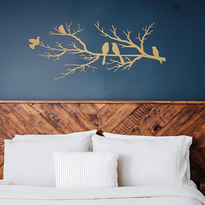 ESTART Metal Birds Wall Art, Metal Vivid Birds on Branch Silhouette Wall Decor Gold Leaves with Bird Outdoor Hanging Wall Sculpture for Home Living room Bedroom Balcony Garden (Gold, Large)