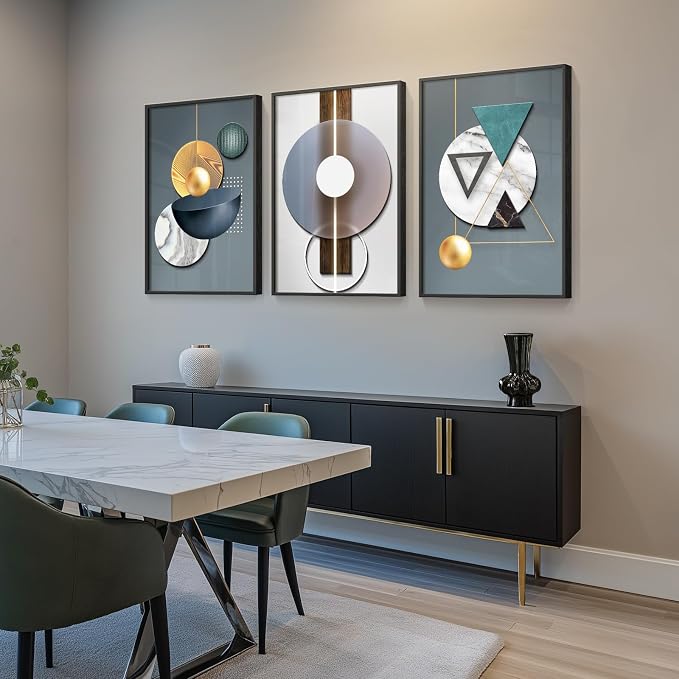 Large Framed Modern Luxury Abstract Wall Art, 3 Piece Blue-Green Prints Paintings Artwork for Walls, Bright Style Geometric Pictures for Living Room Dining Room Bedroom Office Total 30x60 In