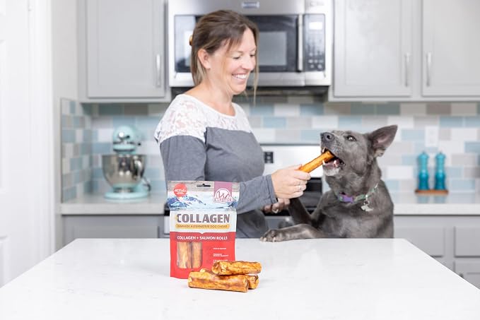 Wild Eats Salmon Flavor Collagen Cheek Roll Chews 5" 4pk Pig Ear Substitute | Long lasting treats and bones for medium dogs, retriever style texture, 4 per bag, satisfies natural gnawing urges daily