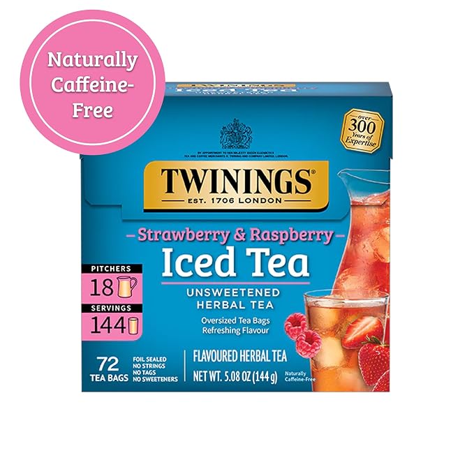 Twinings Strawberry & Raspberry Herbal Iced Tea, 72 Oversized Tea Bags, Makes 18 Pitchers or 144 Servings, Unsweetened, Naturally Caffeine-Free, 72 Count (Pack of 2)