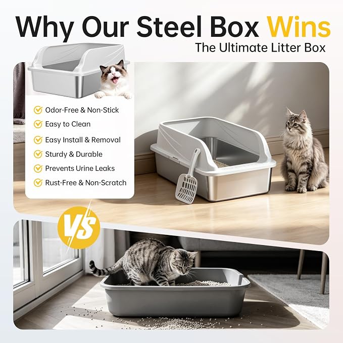 High-Sided Stainless Steel XL Cat Litter Box for Cats | High-sided design prevents urine leakage. Non-stick and easy to clean. Includes scoop.