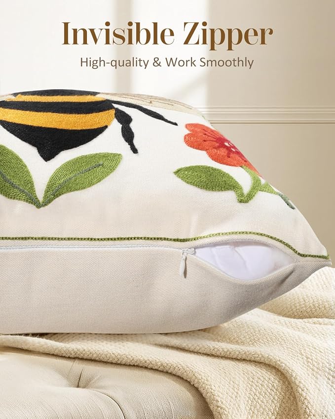 Animal Embroidered Lumbar Pillow Cover 20x12 Inch, Bee Floral | Decorative Throw Pillow Cover, Farmhouse Cushion Cases with Hidden Zipper, Cottagecore Decor for Couch, Sofa, Bedroom