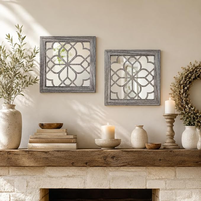 Boho Wall Mirror Decor, Set of 2 Rustic Farmhouse Accent Mirrors 12x12 Inch, Square Acrylic Shatterproof Vintage Style Mirror for Wall, Small Decorative Mirrors for Living Room, Bedroom, Brown